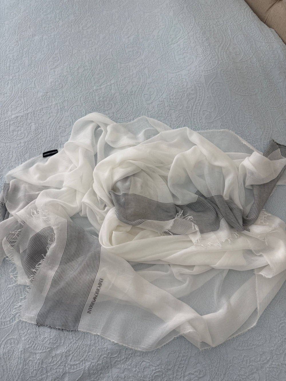 Emporio Armani  White airy Scarf with Gray Striped Trim